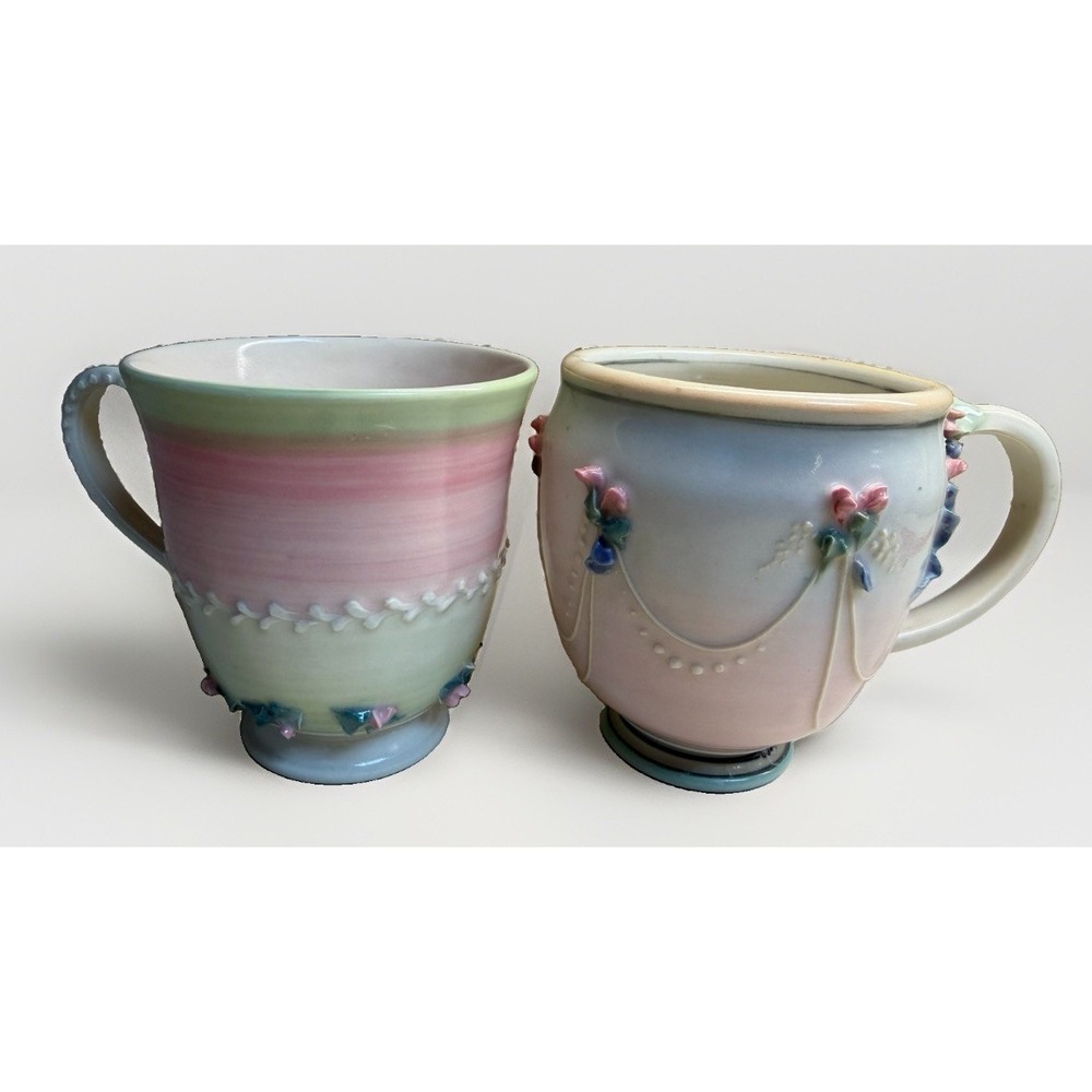Vintage Studio Art Pottery Floral Relief Mug Pair Handcrafted Pastel Coffee Cups